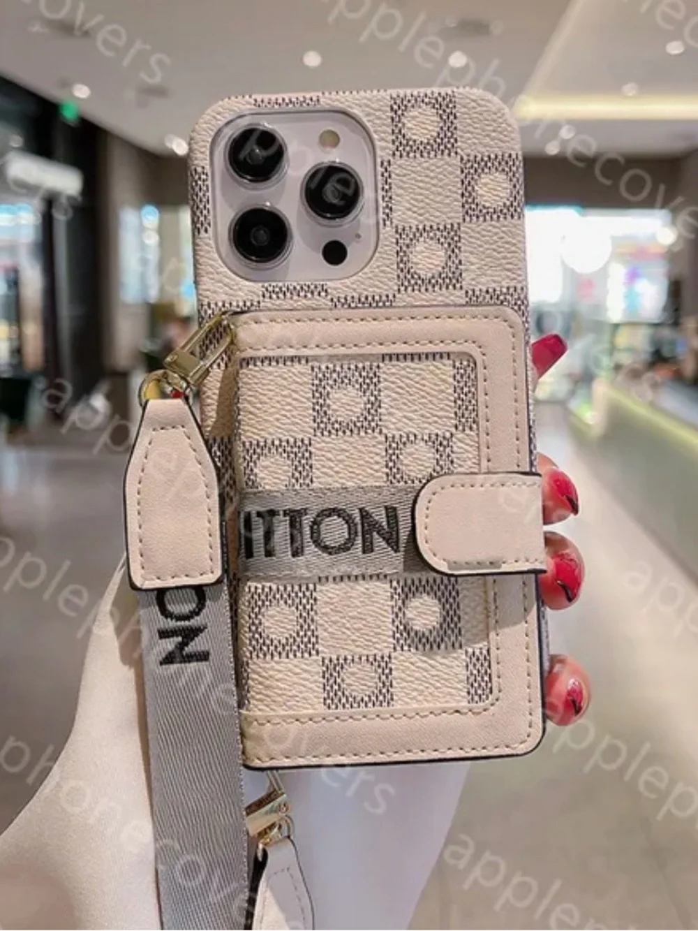 📱BOGOHO📱Beige Checkered Wallet Phone Case w/ Strap For IPhone 17 Pro Max